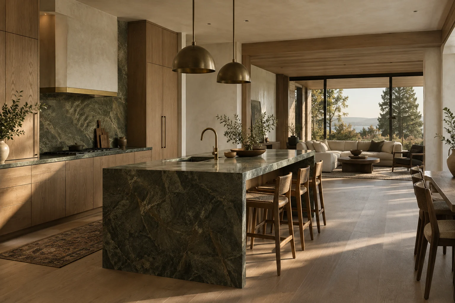Concept visualization of a warm custom kitchen with natural oak and deep green stone