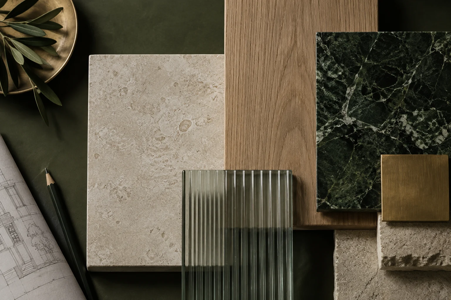 Concept material palette with limestone, oak, fluted glass, green marble and brass